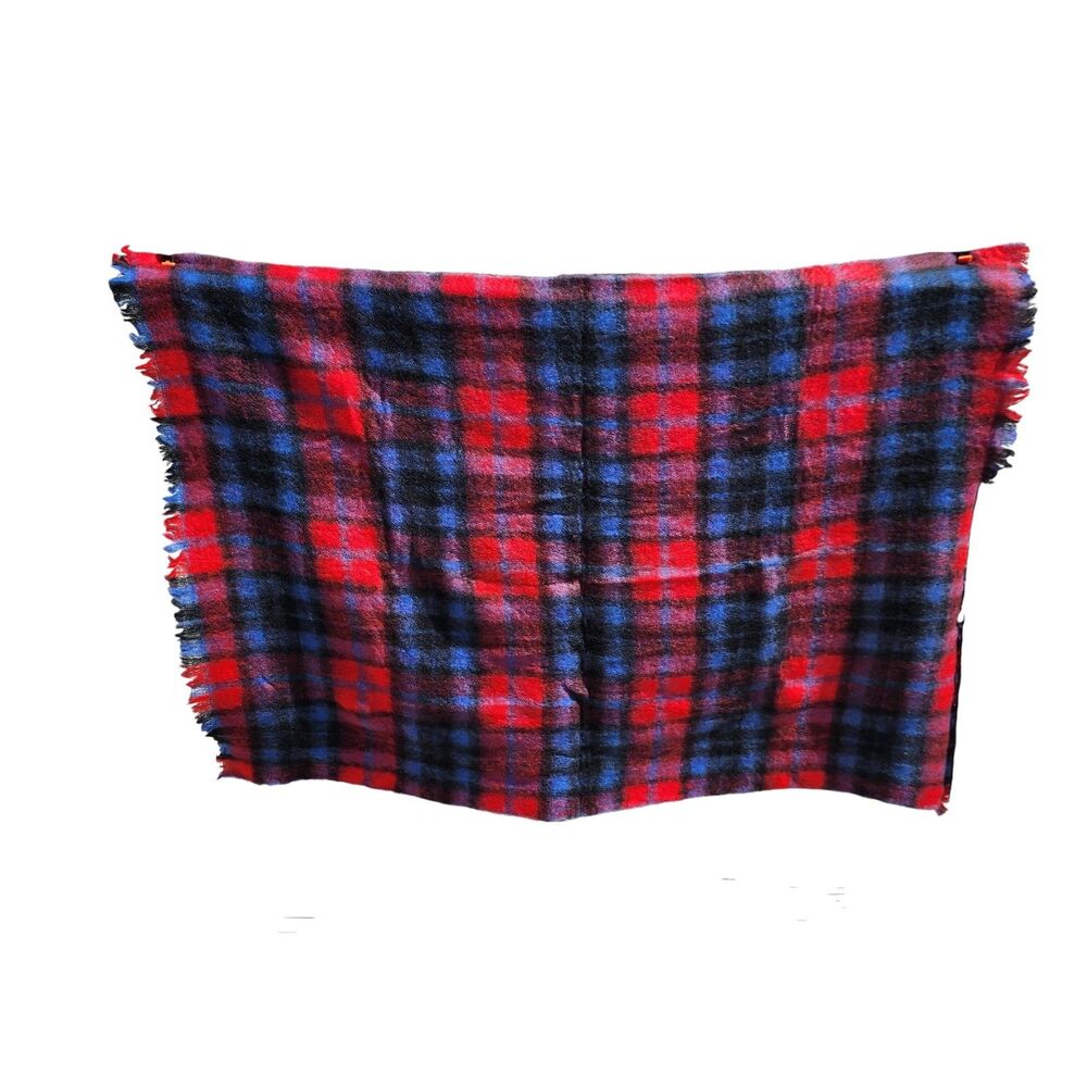 Vintage Montrose 100% Mohair Wool Blanket Red Blue Plaid Scotland 65x45